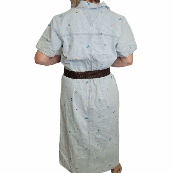 VINTAGE 90s dress denim embroidered floral button up jean maxi L - Picture 2 of 8